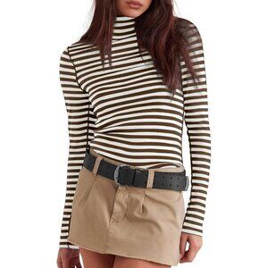 Women's Undershirts Coffee Beige Striped Long Sleeve Ribbed Slim Top Tees
